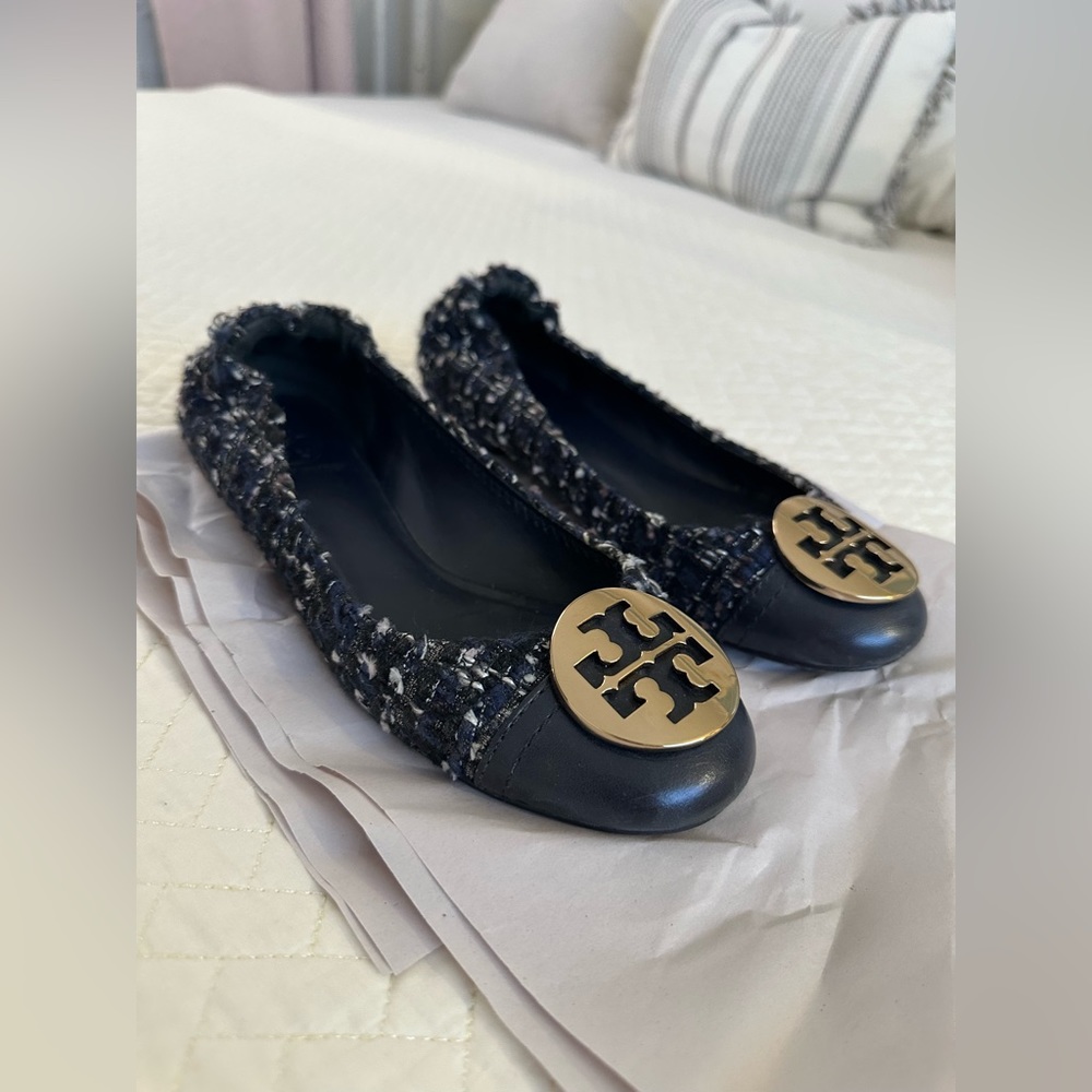 Tory Burch Navy Blue Serena Tweed Ballet Flats